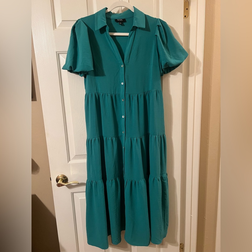 NWOT MSK Green Puff Short Sleeve Button Down Tiered Summer Maxi Dress Size Small